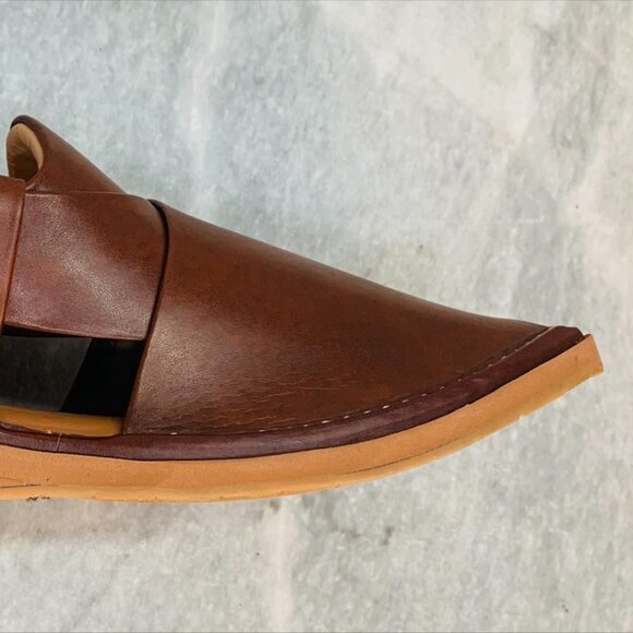 Dark Brown Leather Peshawari Chappal, Traditional Unique Style Comfortable - Picture 3 of 14
